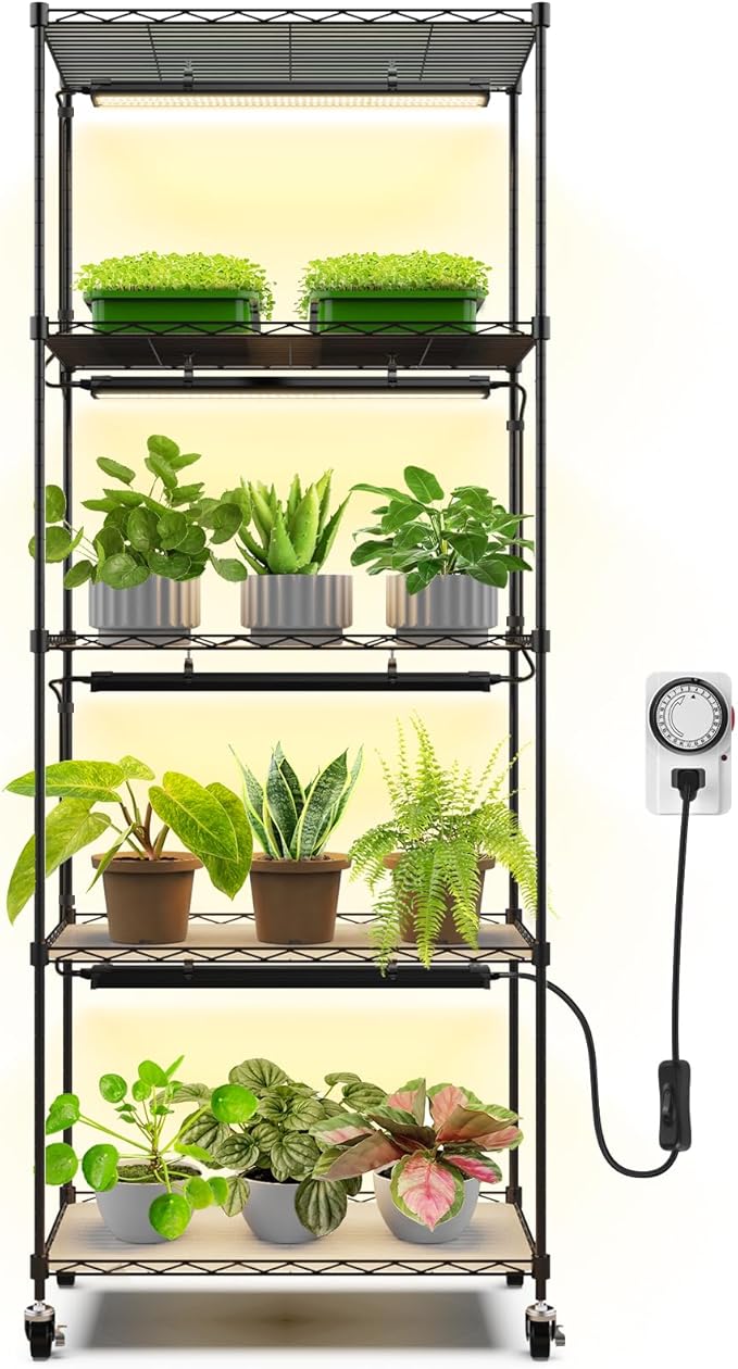 Barrina CX91 5-Tier Plant Stand with Grow Lights for Indoor Plants, Metal Plant Shelf Display Rack with 1.6FT 25W(Per Light) Full Spectrum Plant Lights for Indoor, Balcony, Living Room, 23.6x13.8x59IN