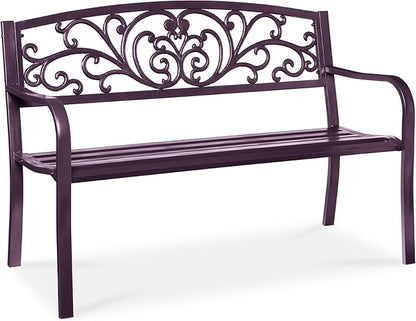 Best Choice Products Outdoor Bench Steel Garden Patio Porch Furniture for Lawn, Park, Deck w/Floral Design Backrest, Slatted Seat - Purple