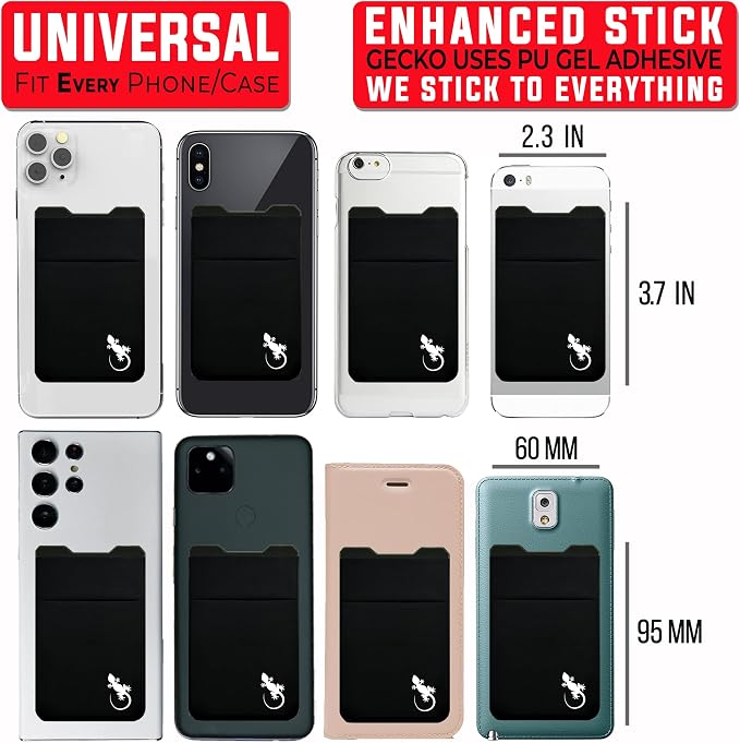 Double Pocket Gecko Phone Wallet - Smartphone Adhesive Card Holder - Cell Phone Pouch - Mobile Stick on Spandex Pocket by Gecko - Carry Credit Cards and Cash – (BLACK-WHITE)