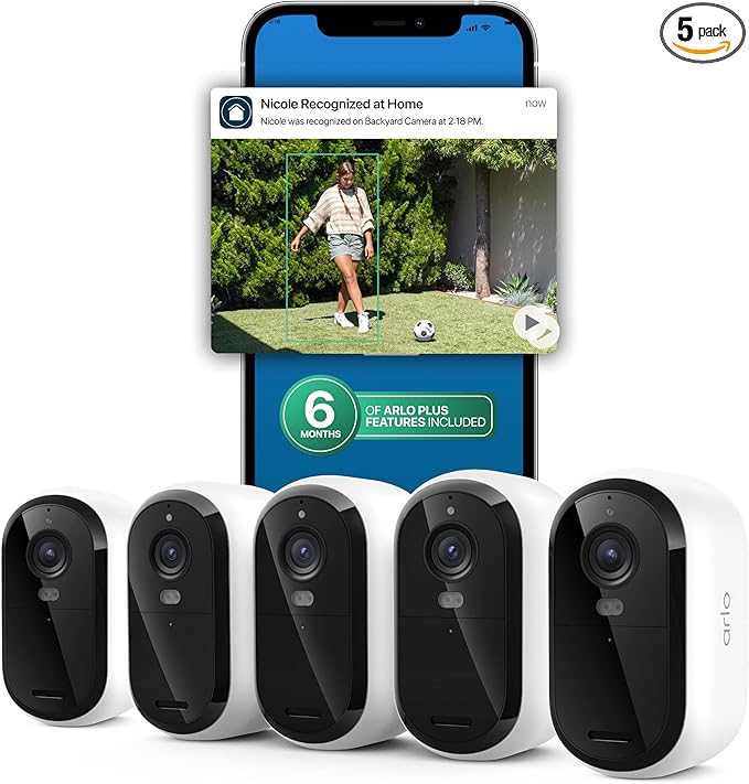 Arlo Essential Security Camera 2K (3rd Gen, 2025 Release) 5 Cam + 6 Months of Secure Plus Plan - Wireless Outdoor Camera, Battery Power, Person Recognition, Package Detection, Animated Preview, White