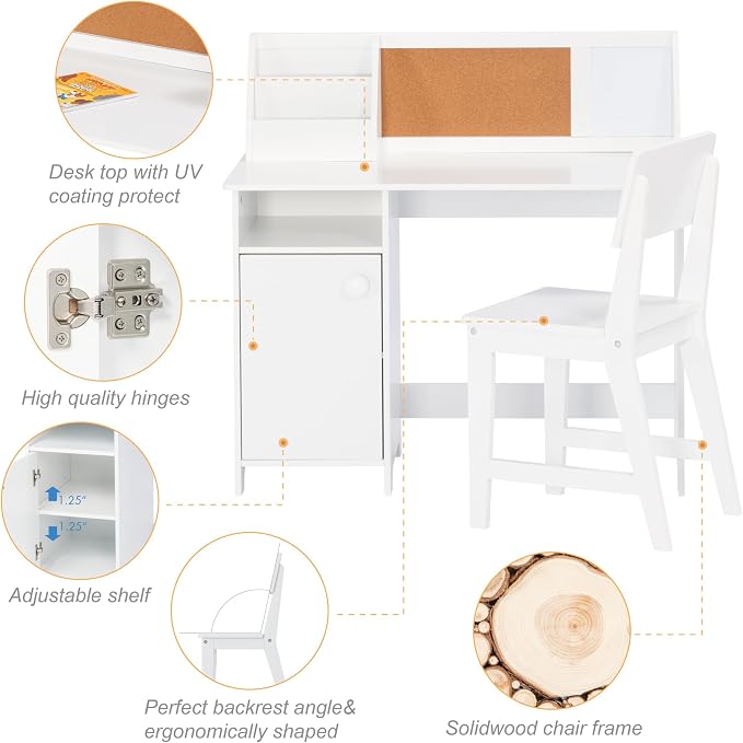UTEX Wooden Kids Desk and Chair Set with Hutch and Storage for Ages 3-8 | Kids Study Table with Cork Bulletin Board, School Desk, Multi-Zone Storage, Water-based Paint Finish for Kids Room