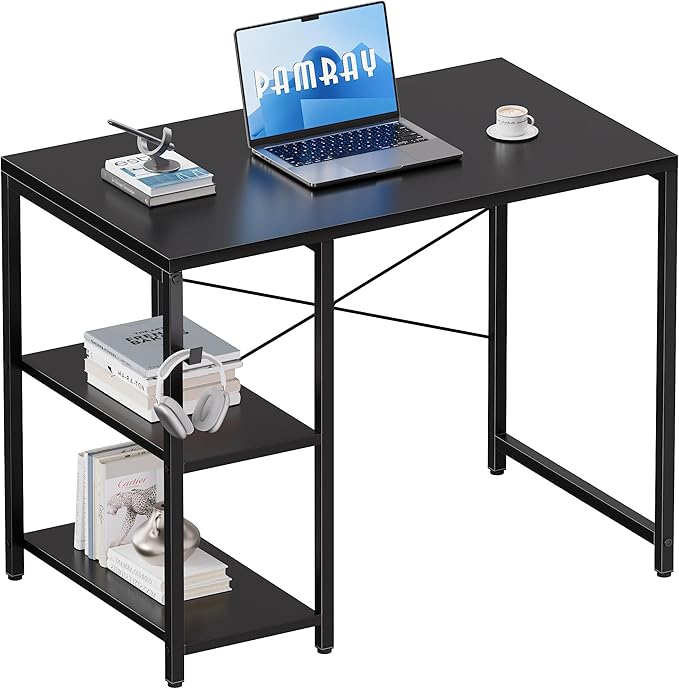 Pamray 32 Inch Small Computer Desk with Shelves for Bedroom Small Spaces | For Home Office, Dorm and Apartment, for Study and Writing, Headphone Hook, Space-Saving, Compact, Easy Setup