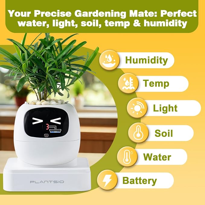 Smart Plant Pot with Visual Display – Soil Moisture, Water Level, Light & Battery Monitor, 80ml Self-Watering Reservoir, Supports 50+ Plants, Pomodoro Timer, Clock & Calendar (White)