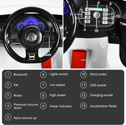 Costzon Ride on Car, 12V Licensed Volkswagen Beetle Battery Powered Vehicle w/Remote Control, Spring Suspension, Lights, USB, Horn, Music, 4 Wheeler for Boy Girl Gift, Electric Car for Kids, White