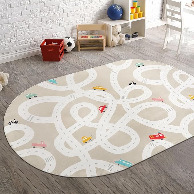 LIVEBOX 4'x6' Toy Car Rug for Kids Room, Machine Washable Area Rug, Non-Slip Road Mat for Playroom, Educational Car Playmat for Nursery, Skin-Friendly Carpet for Bedroom, School