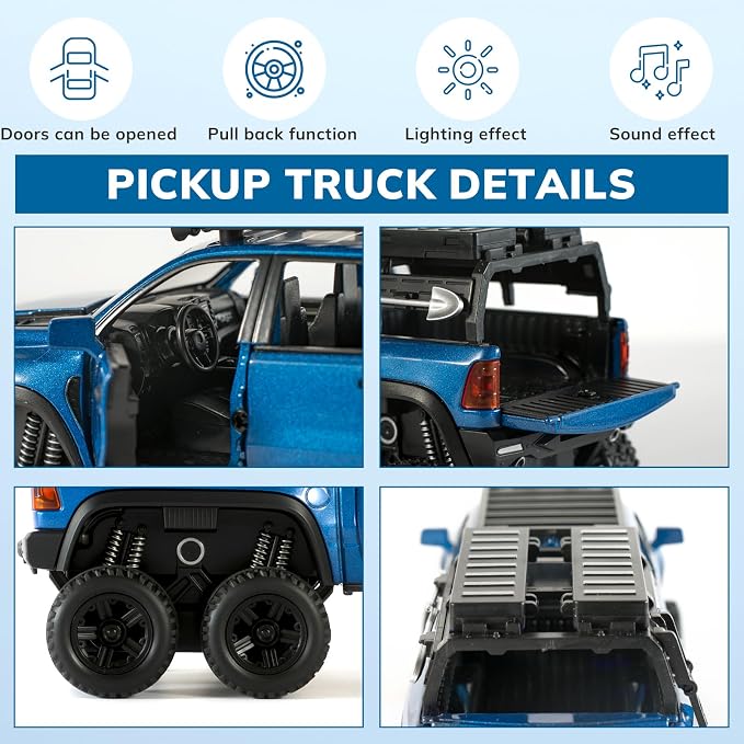 Toy Trucks for Boys 1/32 Diecast Trucks Mammoth Model Truck,Collectible Pickup Truck Model Kit,Pull Back Cars with Lights and Sounds,Toy Trucks for Boys Age 4-7（Blue）