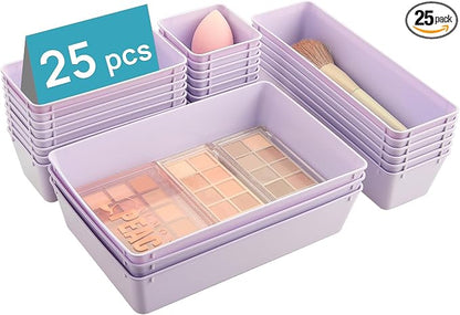 Vtopmart 25 Pack Plastic Drawer Organizers with Non-slip Rubber Pads | 4-Size Versatile Makeup Organizer, Storage Containers Small Bins for Makeup, Jewelries, Bedroom, Kitchen Utensils and Office