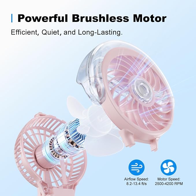 KIBEE Portable Misting Fan, 4000mAh Rechargeable Handheld Fan with 50ml Water Tank, Foldable 180° Mini Fan with Mist Spray, 3-Speed Personal Cooling Fan for Travel, Makeup, Concerts, Outdoor Use, Pink