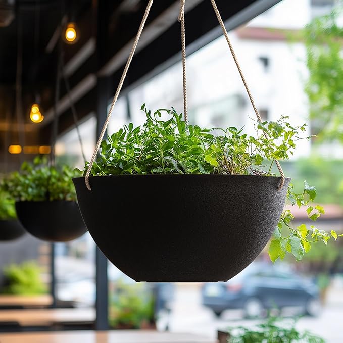 LA JOLIE MUSE Hanging Planters for Outdoor Plants, Large Hanging Planter with Drain Holes, Black Hanging Flower Pots (13.2 Inch, Set of 2)