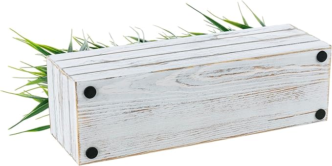 MyGift 14 Inch Artificial Green Grass Plant in Shabby White Washed Wood Planter Window Box - Faux Greenery in Rectangular Crate Style Wooden Container