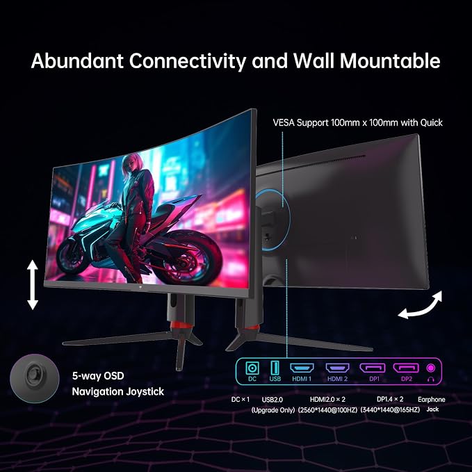 KTC 34 Inch Curved Ultrawide Gaming Monitor, 21:9, 3440x1440p 180Hz 1ms, 1500R Curved Monitor, Freesync G-sync, Picture by Picture,PIP, Height/Tilt/Swivel/Pivot, H34S18S