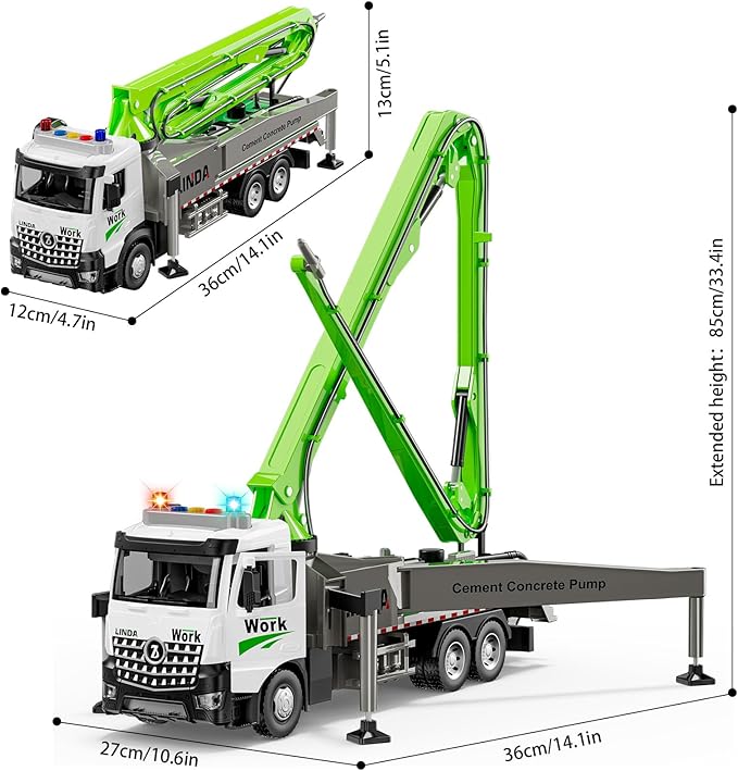 Cement Concrete Pump Truck Toy - Extendable Concrete Boom Pump Construction Trucks Site Playset Building Water Spray Todder Kids Age 3 4 5 6 7 8 Year Old Boy Birthday Christmas Vehicles Education Gift
