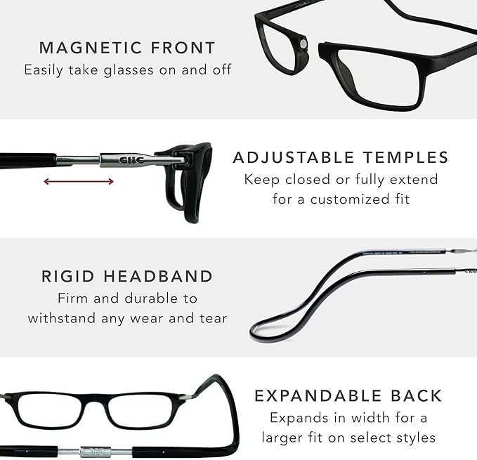 Clic Magnetic Reading Glasses - Adjustable Neck Hanging Readers - Secure Fit with Rigid Headband - Original Expandable (M-XL, Smoke, 1.50)
