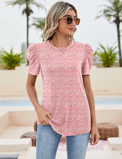 Ivicoer Puff Short Sleeve Shirt for Women Eyelet Tops Summer Crewneck Blouse Loose Fit S-XXL
