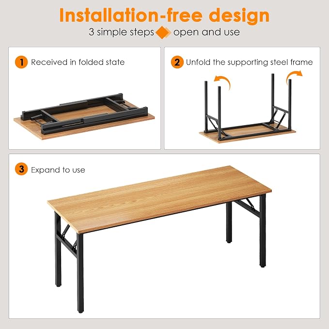Need Office Computer Desk 54.3 Inch Sturdy Folding Laptop Table Teak | Black Frame Writing Gaming Work Table/Foldable Home Office Desk/Sewing Table, No Assembly Required