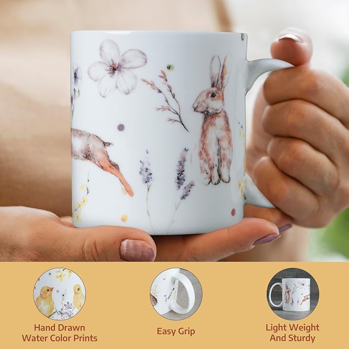 Maison d' Hermine Coffee Mug with Handles Tea Cups (15 Ounce, Pack of 1) | Fine Bone China Coffee Mugs for Hot Beverages Cappuccino Latte Home Restaurant Hotel Spring Summer -Easter Zest - Rabbits
