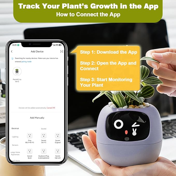 Smart Plant Pot with Visual Display – Soil Moisture, Water Level, Light & Battery Monitor, 80ml Self-Watering Reservoir, Supports 50+ Plants, Pomodoro Timer, Clock & Calendar (Purple)