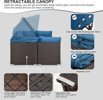 HOMREST 6 Pieces Patio Furniture Sets, Rattan Daybed with Retractable Canopy, Outdoor Sectional Sofa Set with Adjustable Backrest, Chaise Chair Sunbed for Garden Poolside Backyard (Blue)