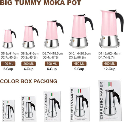 6 Cup Stovetop Espresso Maker Stainless Steel Moka Pot Stove Top Percolator Italian Coffee Makers Capable Mocha Greca Machine Cafe Classic Induction Cookers for Home and Camping 300ml 10oz
