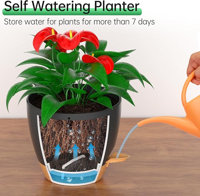 ZMTECH 8 Inch Hanging Planters for Indoor Outdoor Plants, 2 Pack Self Watering Hanging Plant Pots with Drainage Holes and Removable Saucer, Plastic Flower Hanging Pots with Watering Lip (Black)