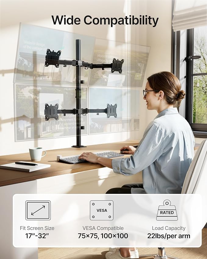 monTEK Quad Monitor Stand for Four 17-32" Screens, 22 lbs Each | Four-screen desk mount, height adjustment, tilt, swivel, rotation, clamp/grommet bases and VESA 75/100