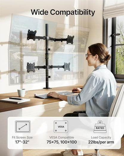 monTEK Quad Monitor Stand for Four 17-32" Screens, 22 lbs Each | Four-screen desk mount, height adjustment, tilt, swivel, rotation, clamp/grommet bases and VESA 75/100