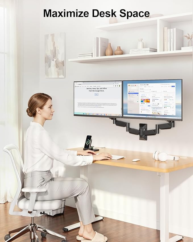 Long Arm Dual Monitor Wall Mount, Gas Spring Wall Monitor Arm for 17-32" Screens, 27.1" Extra Long Monitor Mount, Holds up to 17.6 lbs Each, Full Motion VESA Mount, 75/100, Black