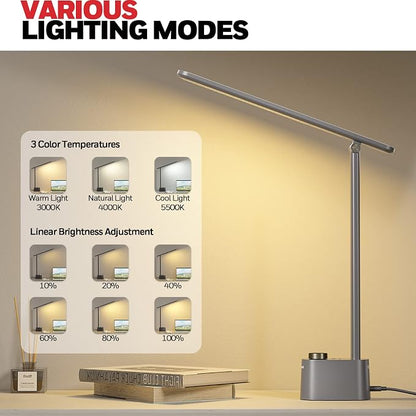 Honeywell HWT-H01 LED Desk Lamp Stepless Dimmable Table Lamp with USB A+C Dual Charging Port Eye-Caring Foldable Desk Light with 3 Color Modes for Home Office Bedroom Reading Study Sunturalux (Gray) | Sunturalux Eye Protection Light with Charging Ports...
