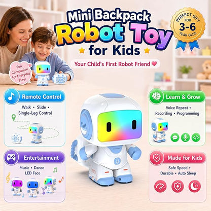 Robot Toys for Kids Ages 3-6, Mini Backpack Remote Control Robot with Voice Recording & Repeat, LED Light-Up Face, Music Dance, Programmable Actions, STEM Toy Gifts for Boys Girls