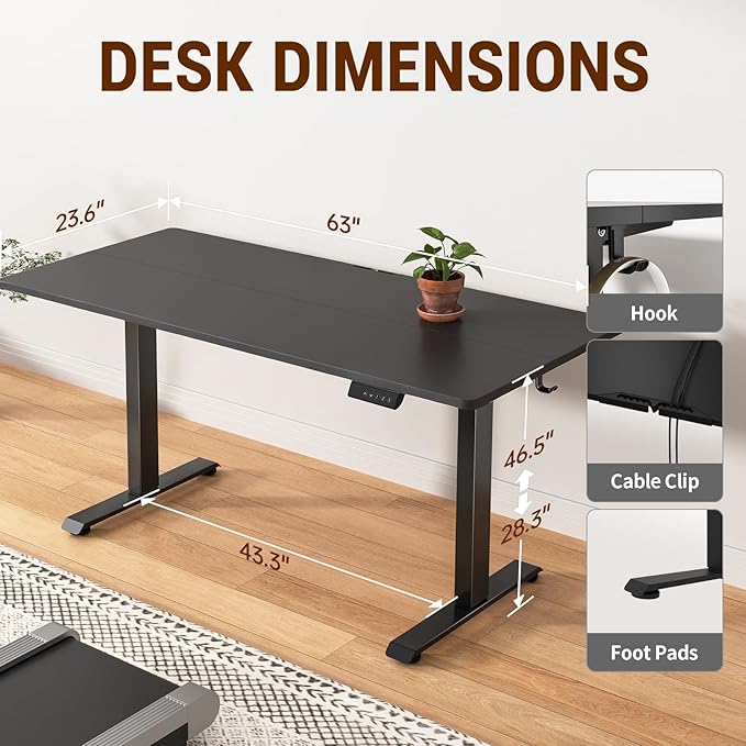 Veken Standing Desk, 63×23.6 Inch Electric Gaming Table, Black | Height Adjustable Sit Stand Up Computer Tables for Home Office, Study , Writing, Suit students, employees and group work