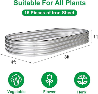 JERIA 8×4×1ft Oval Raised Garden Bed,Galvanized Raised Garden Bed Kit Outdoor Metal Gardening Planter Box for Vegetable, Fruits, Flower，Herbs