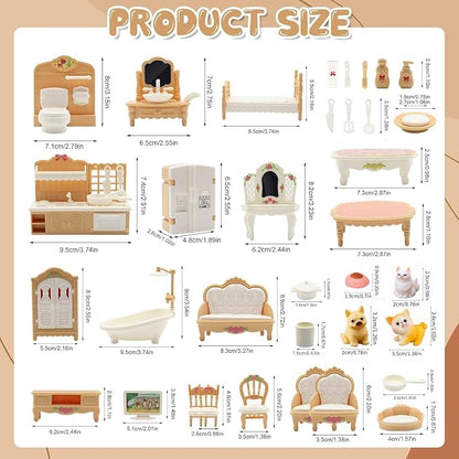 36Pcs Dollhouse Furniture Set,Miniature 1:12 Scale Dolls House Accessories with Cat,Dog,Kitchen, Dining Room, Living Room,Bedroom for Playhouse Toy(Beige)
