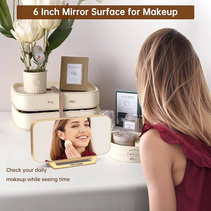 Peakeep Slim Digital Mirror Aesthetic Alarm Clock for Bedrooms Desk Decor | Plug in Electric Big LED Modern Small Clock for Office Living Room, Battery Backup, 6 Dimmers (Gold)