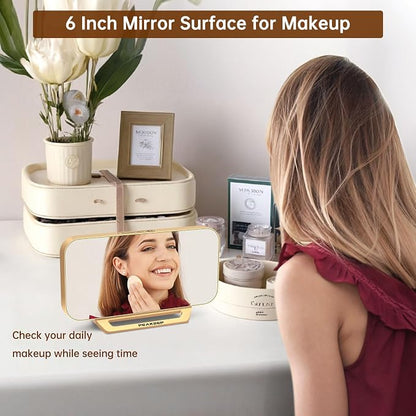 Peakeep Slim Digital Mirror Aesthetic Alarm Clock for Bedrooms Desk Decor | Plug in Electric Big LED Modern Small Clock for Office Living Room, Battery Backup, 6 Dimmers (Gold)