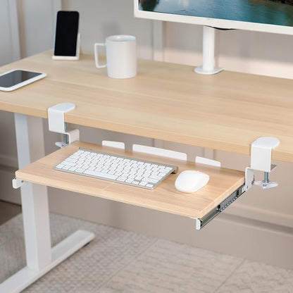 VIVO Small Clamp-on Computer Keyboard and Mouse Under Desk Slider Tray, 20 x 11 inch Pull Out Platform Drawer, Light Wood, MOUNT-KB05ES-A | Keyboard Tray for Typing, Slide Out Platform, Extra Sturdy C-Clamp Mount System, Computer Drawer, White Frame