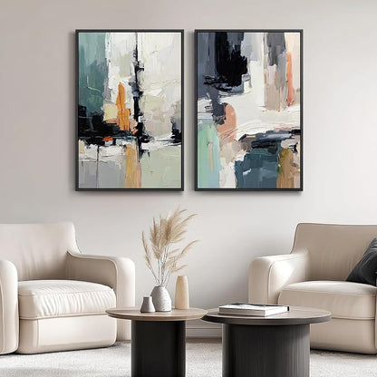 Large Framed Colorful Abstract Wall Art, Set of 2 Modern Canvas Prints Paintings Artwork for Walls, Bright Blue Green Multicolor Pictures for Living Room Hallway Dining Bedroom Wall Decor 20x30 In