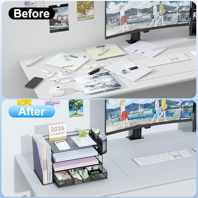 gianotter Desk Organizers and Accessories with File Holder, 4-Tier Desk Accessories & Workspace Organizers with Drawer and 2 Pen Holder, Paper Organizer for Office Supplies (Black)
