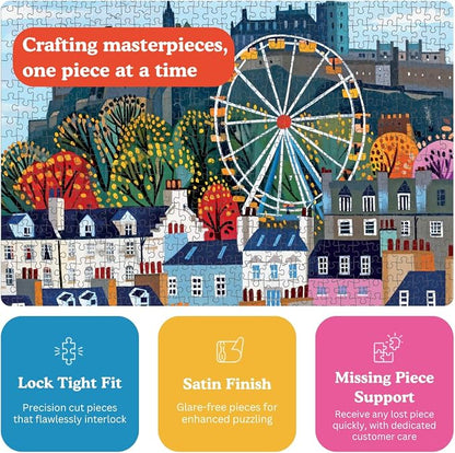 Cross & Glory – Castle & Carousel – 1000 Piece Jigsaw Puzzle for Adults | Colorful Edinburgh Folk Art Puzzle | Bright Scottish City Artwork | Premium Ribbon-Cut Puzzle with Satin Finish