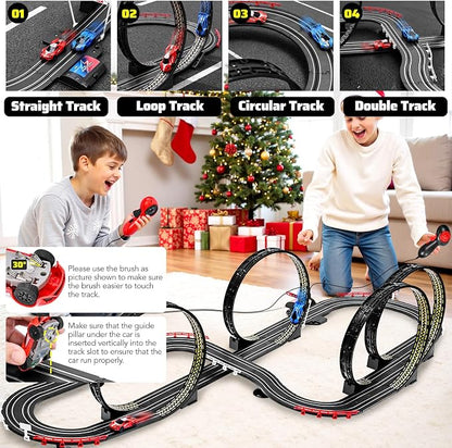 Slot Car Race Track Set for Kids Ages 6-12 Boys & Girls, Dual Racing Game 2 High-Speed Cars 1:64 Scale, Battery or Electric Powered Plug-in Track, Gift Toy Stocking Stuffers for Children