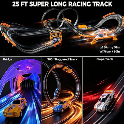 Electric Slot Car Race Track Sets with 4 High-Speed Racing Slot Cars Dual Racing Game with 2 Controllers Circular Overpass Track Featuring Flash Bridge Pendulum Gifts Toys for Boys Kids Age 6 7 8-12