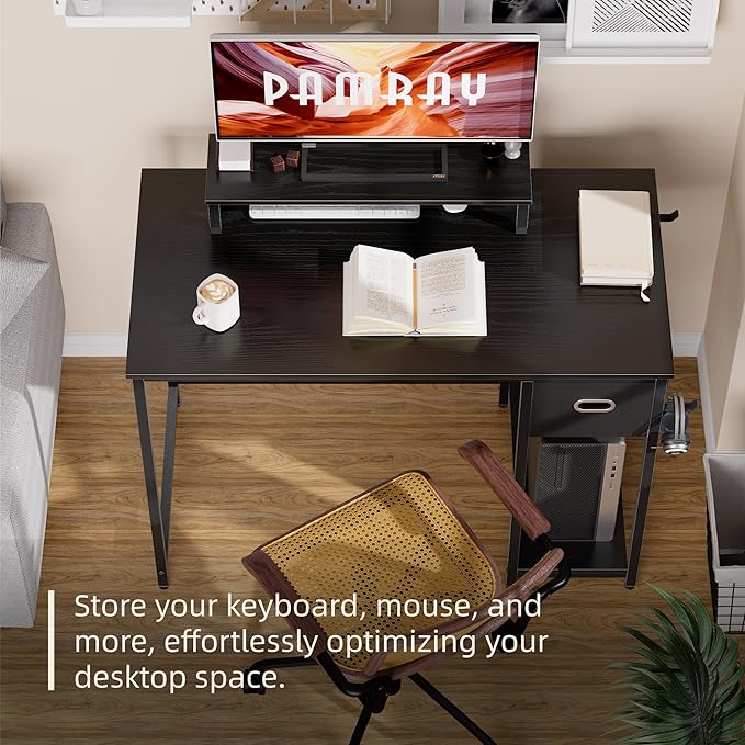 Pamray 39 Inch Small Computer Desk with Monitor Stand and Drawer for Gaming | Small Gaming Desk, for Bedroom Small Spaces, Home Office, Dorm and Apartment, for Writing, Study and Working