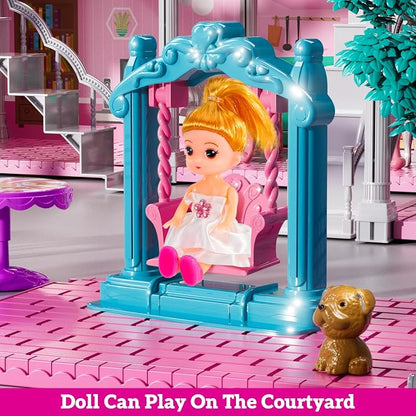 JUKUDAHU Villa Playset for Girls Ages 3-7, 4-Storey House with 10 Rooms, 2 Dolls, Furniture and Accessories, Indoor Playset Girls Toys for Ages 6-8, Pretend Toddler Toys, Birthday Gifts for Kids 4-8