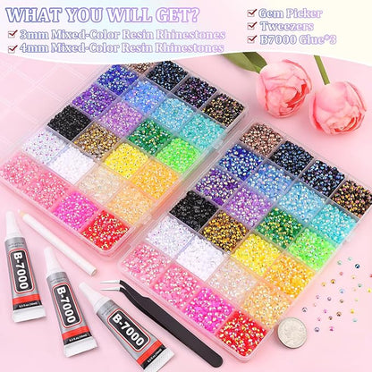 2 Boxes Jelly Rhinestones for Bedazzling, 46000Pcs 3mm&4mm Multicolor Flatback Resin Gems for Crafting, Bedazzler Kit with 3Pcs 10ml B7000 Jewelry Glue for DIY Crafts Tumblers Fabric Decor Nail Art