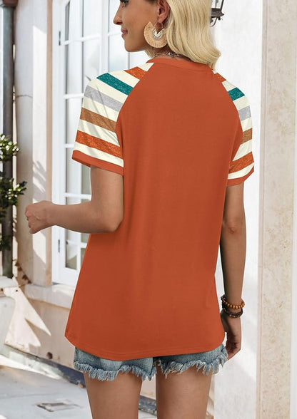 WIHOLL Womens Summer Tops Color Block Short Sleeve Raglan Shirts Spring Fashion Clothes Vacation Outfits