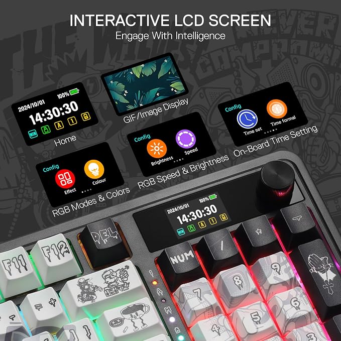 Redragon K719 PRO Wireless 95-Key Gasket Gaming Keyboard, TFT Screen & Knob | Easy-Control LED Info Display, 0-Delay Tri-Mode, Cushioned 5-Layer Noise Dampening for Creamy Thocky Sound, Practical 95 keys