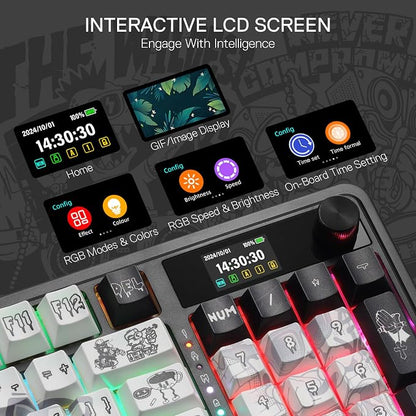 Redragon K719 PRO Wireless 95-Key Gasket Gaming Keyboard, TFT Screen & Knob | Easy-Control LED Info Display, 0-Delay Tri-Mode, Cushioned 5-Layer Noise Dampening for Creamy Thocky Sound, Practical 95 keys