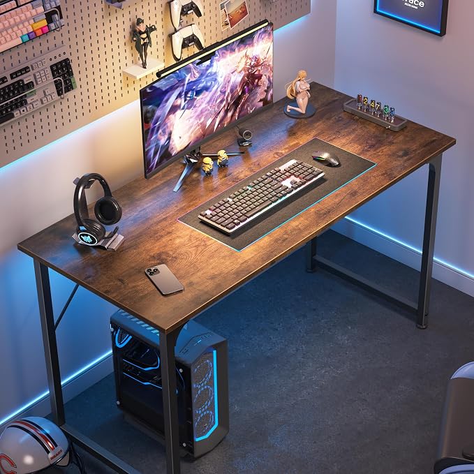 Huuger Computer Desk, 40 Inch Office Desk, Gaming Desk with Storage, Writing Desk Work Desk for Home Office, Study, Modern Simple Desk, Large Legroom, Metal Frame, Rustic Brown