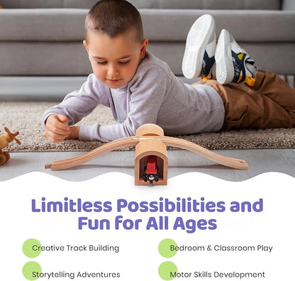 maxim enterprise, inc. Wooden Train Track Over & Under Tunnel Bridge & Easy-Connect Railway, Hardwood Train Set Compatible with Thomas and Friends, BRIO, Major Brand Wooden Train Sets and Accessories