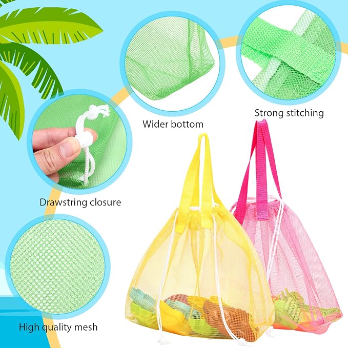 Paterr 8 Pcs Mesh Beach Tote Bag Seashell Bags Foldable Large Beach Toy Organizer with Drawstring, Pool Gym Swimming Camping Accessories Lightweight Foldable Birthday Gifts (8 Colors)