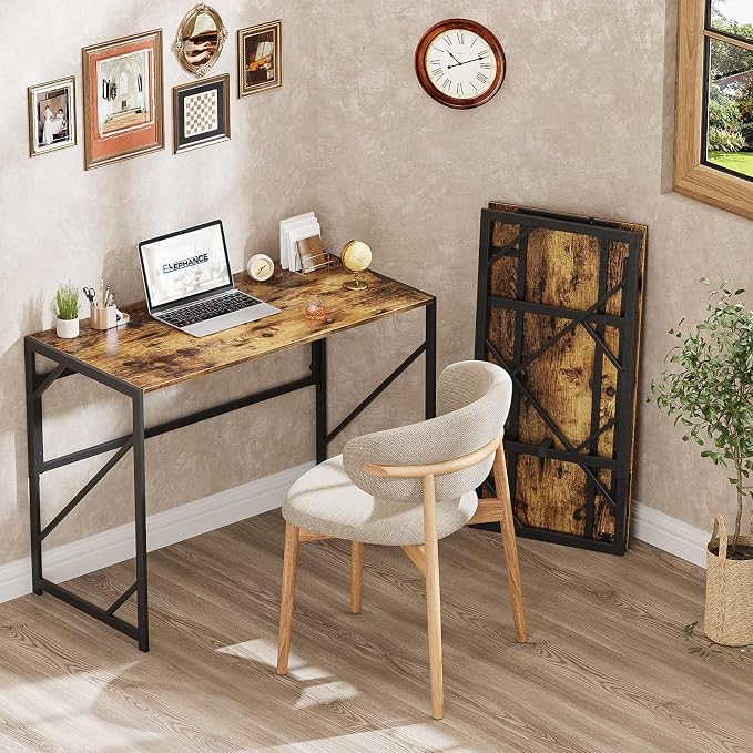 Elephance Folding Desk Writing Computer Desk for Home Office No-Assembly | Study Office Desk,Foldable Table for Small Spaces,31.5 Inch,Rustic Brown
